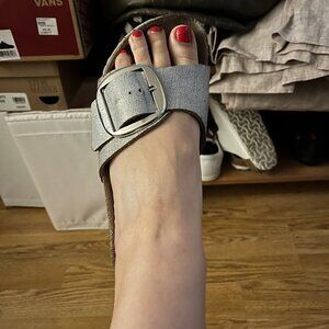 Birkenstock Leather Metallic Silver Big Madrid Buckle Sandals